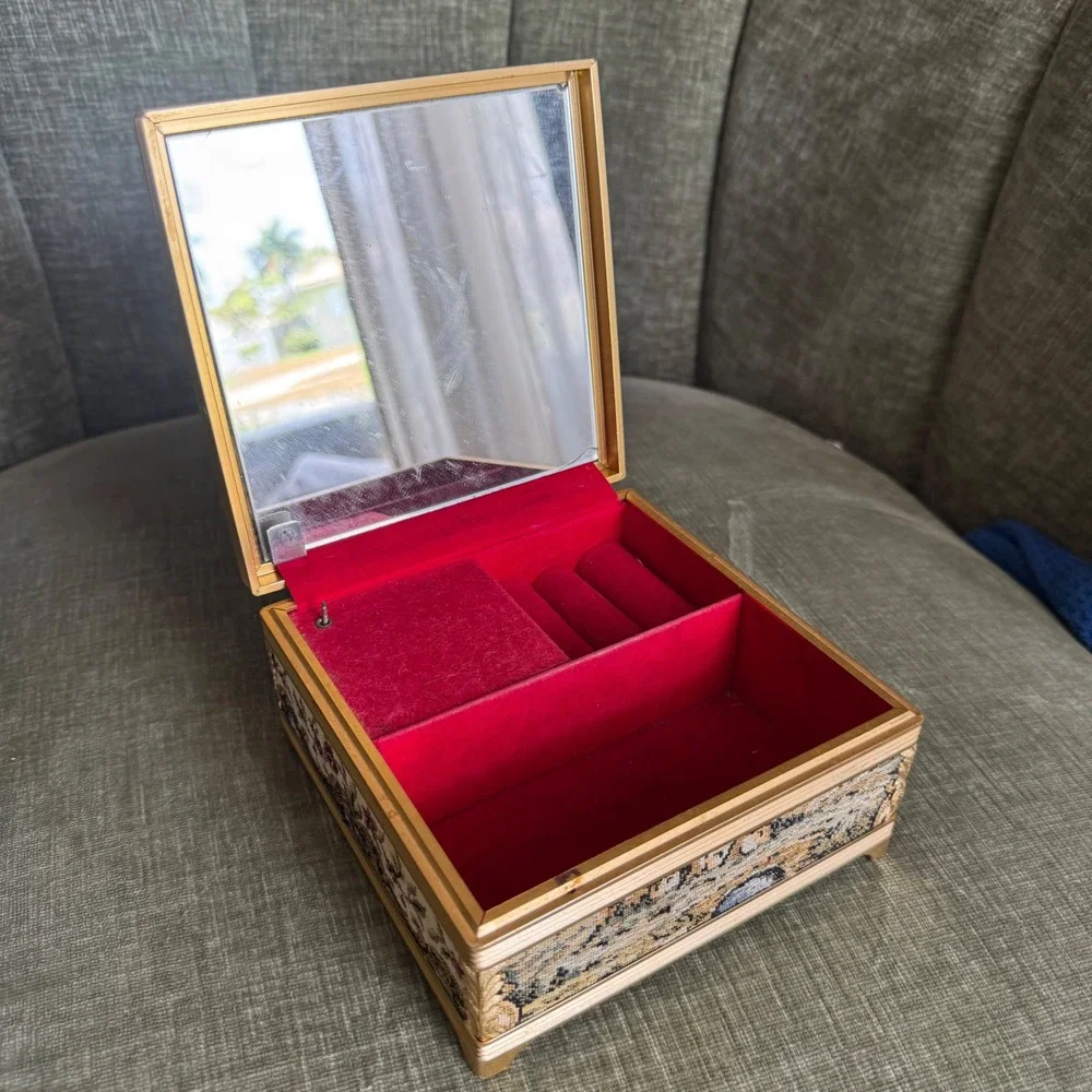 Vintage Tapestry Music Jewelry Box Gold Tone Floral Landscape Velvet Works